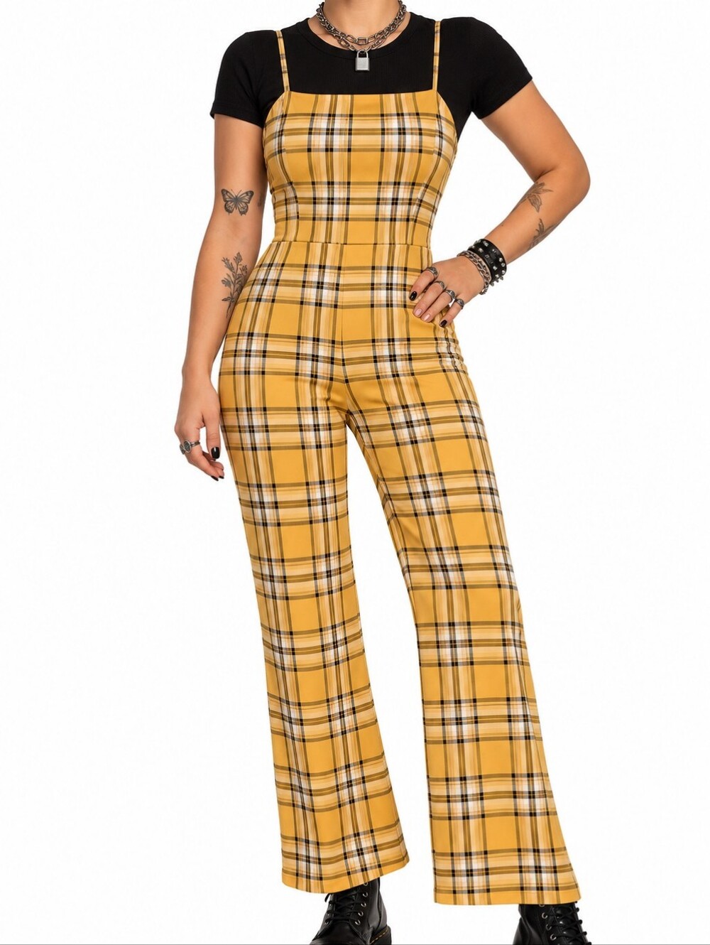 Punk Y2K Yellow Plaid Jumpsuit